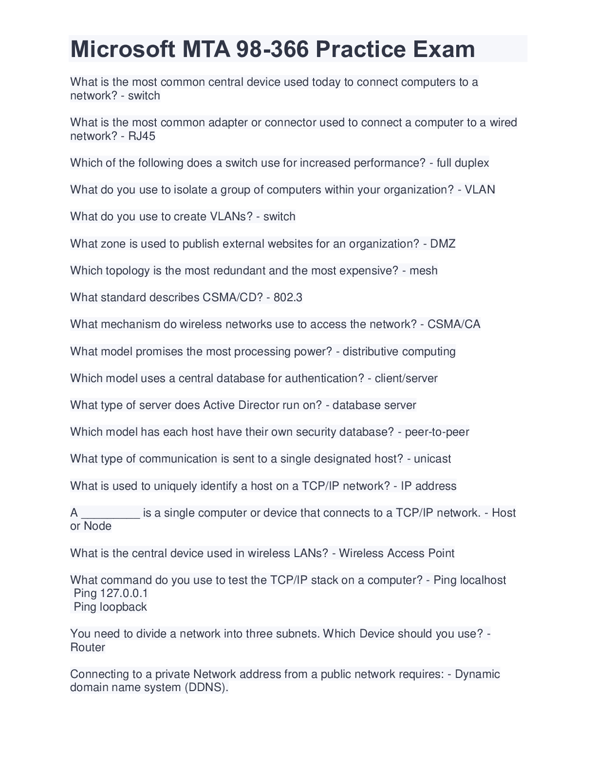 Preview image for Microsoft MTA 98-366 Practice Exam